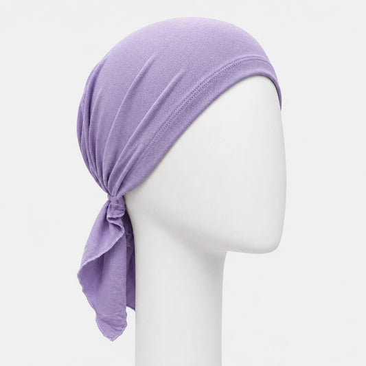 Foulard prénoué Sibelle en bambou lilas sur fond blanc
