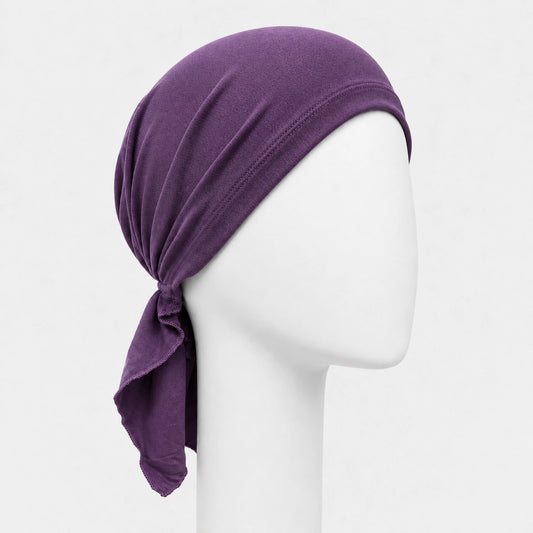 Foulard prénoué Sibelle en bambou violet sur fond blanc