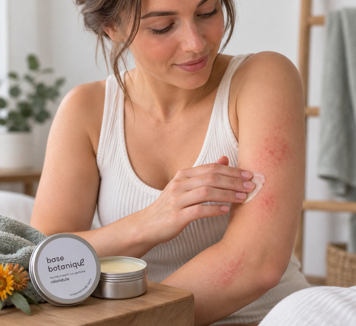 Femme avec des irritations cuatnés applicant le baume miracle de base botanique