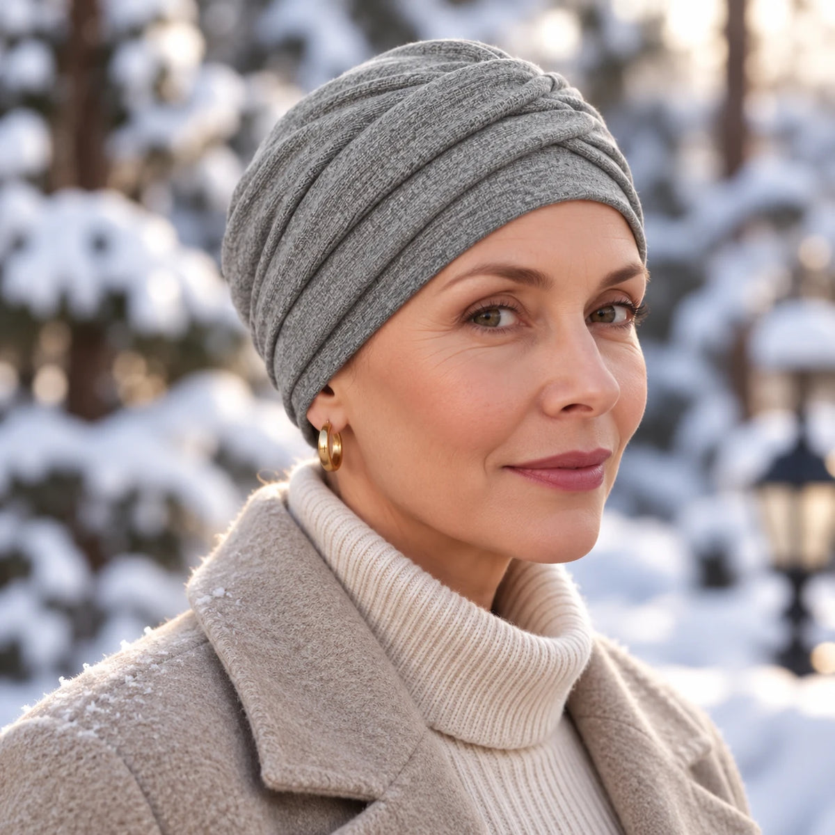 Femme confronté à la perte de ses cheveux du au cancer ou à la chimiothérapie portant un bonnet twist en tricot gris.