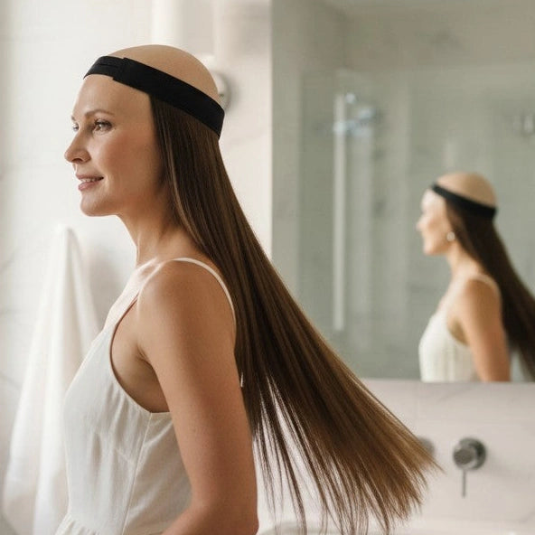 Femme vivant avec une perte de cheveux du au cancer ou à la chimiothérapie avec un bandeau de cheveux brun Sibelle  dans une salle de bain