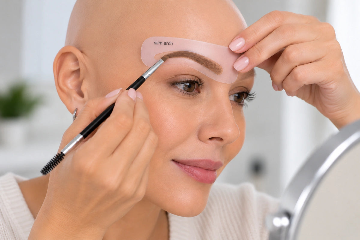 Femme vivant avec une perte de cheveux du au cancer ou à la chimiothérapie en train de se maquiller les sourcil avec un pochoir