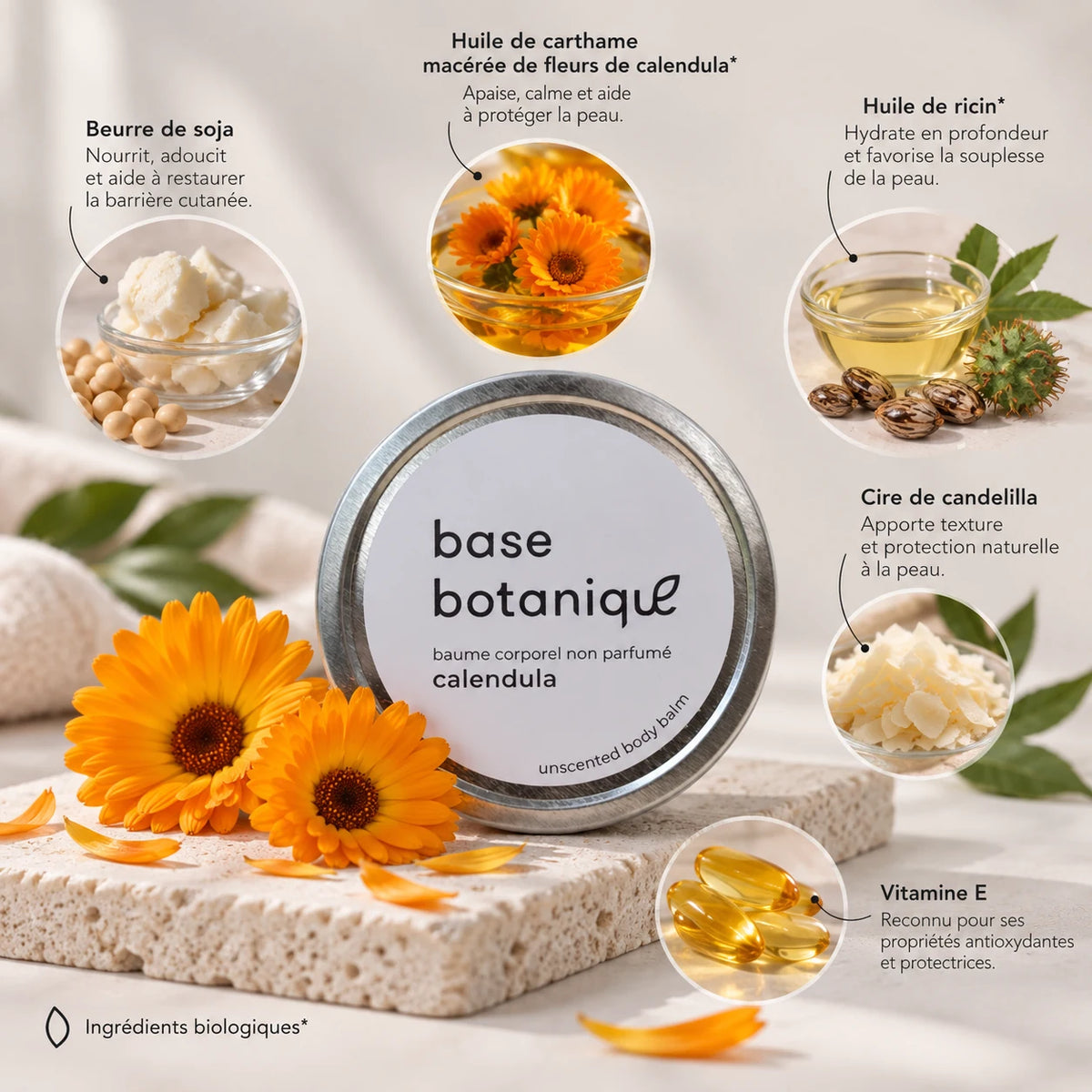 Présentation des ingrédients contenus dans le baume miracle non parfumé Base Botanique