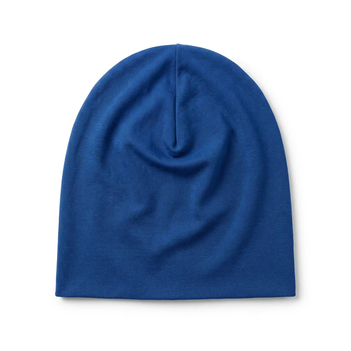 Présentation du bonnet chimio classique bleu capitaine à plat sur fond blanc