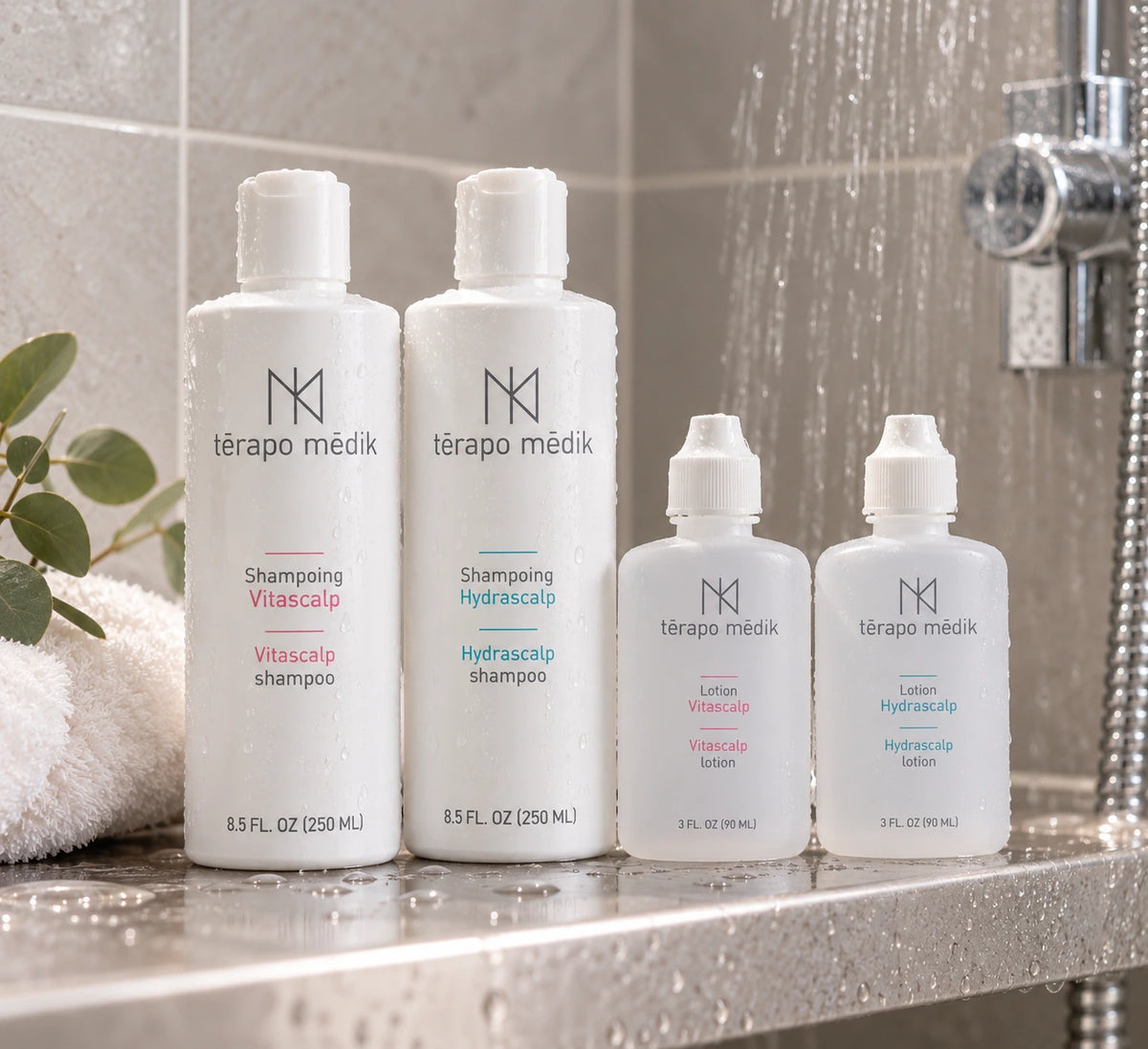 Bouteilles de l'ensemble Bien-Être de Térapo Médik dans une douche