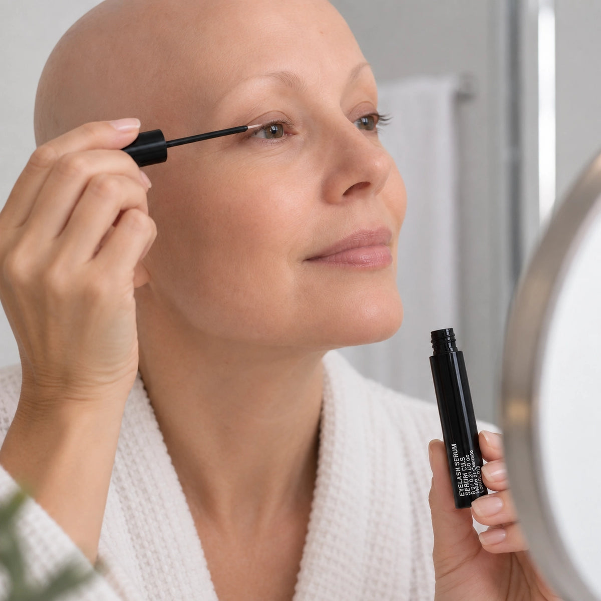 Femme vivant avec une perte de cheveux du au cancer ou à la chimiothérapie s'appliquant le sérum à cils et sourcils Sibelle