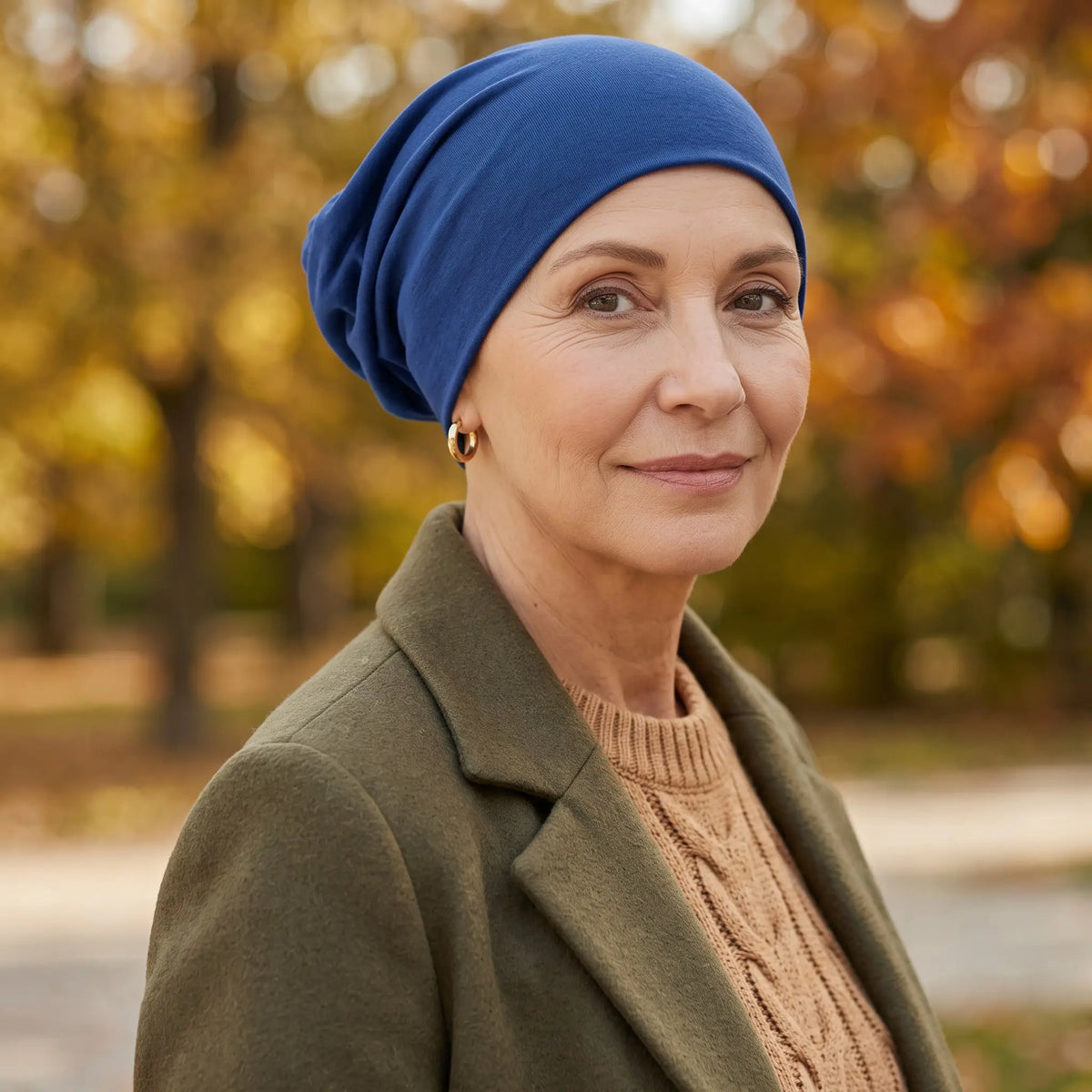 Femme vivant avec une perte de cheveux du au cancer ou à la chimiothérapie avec un bonnet chimio  classique Sibelle en bambou bleu capitaine dans un parc l'automne