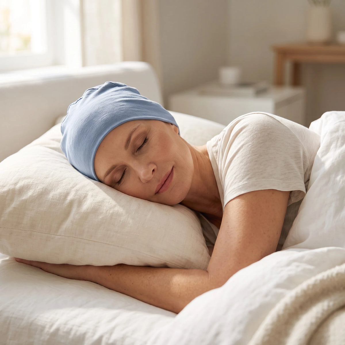 Femme vivant avec une perte de cheveux du au cancer ou à la chimiothérapie avec un bonnet confort Sibelle en bambou bleu dans un lit