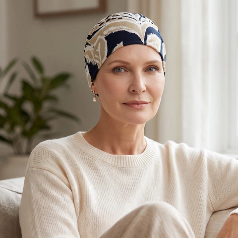 Femme vivant avec une perte de cheveux du au cancer ou à la chimiothérapie avec un bonnet confort palmier noir Sibelle assise dans un divan