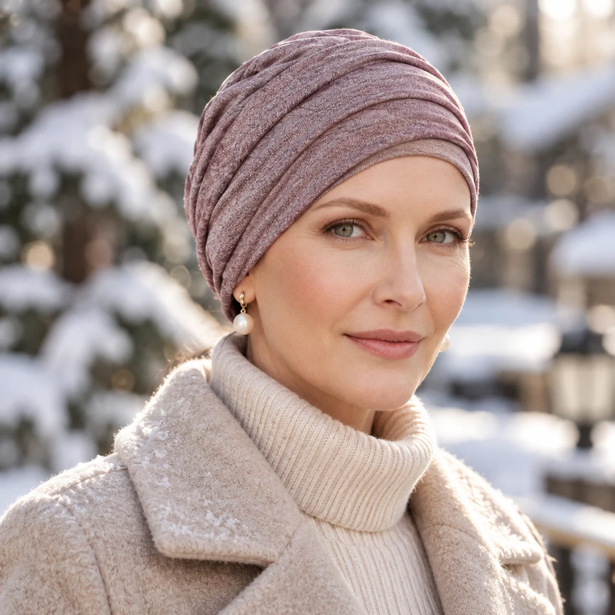 Femme confronté à la perte de ses cheveux du au cancer ou à la chimiothérapie portant un bonnet twist en tricot mauve.