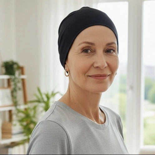 Femme vivant avec une perte de cheveux du au cancer ou à la chimiothérapie avec un bonnet dodo en bambou noir Sibelle debout dans le salon