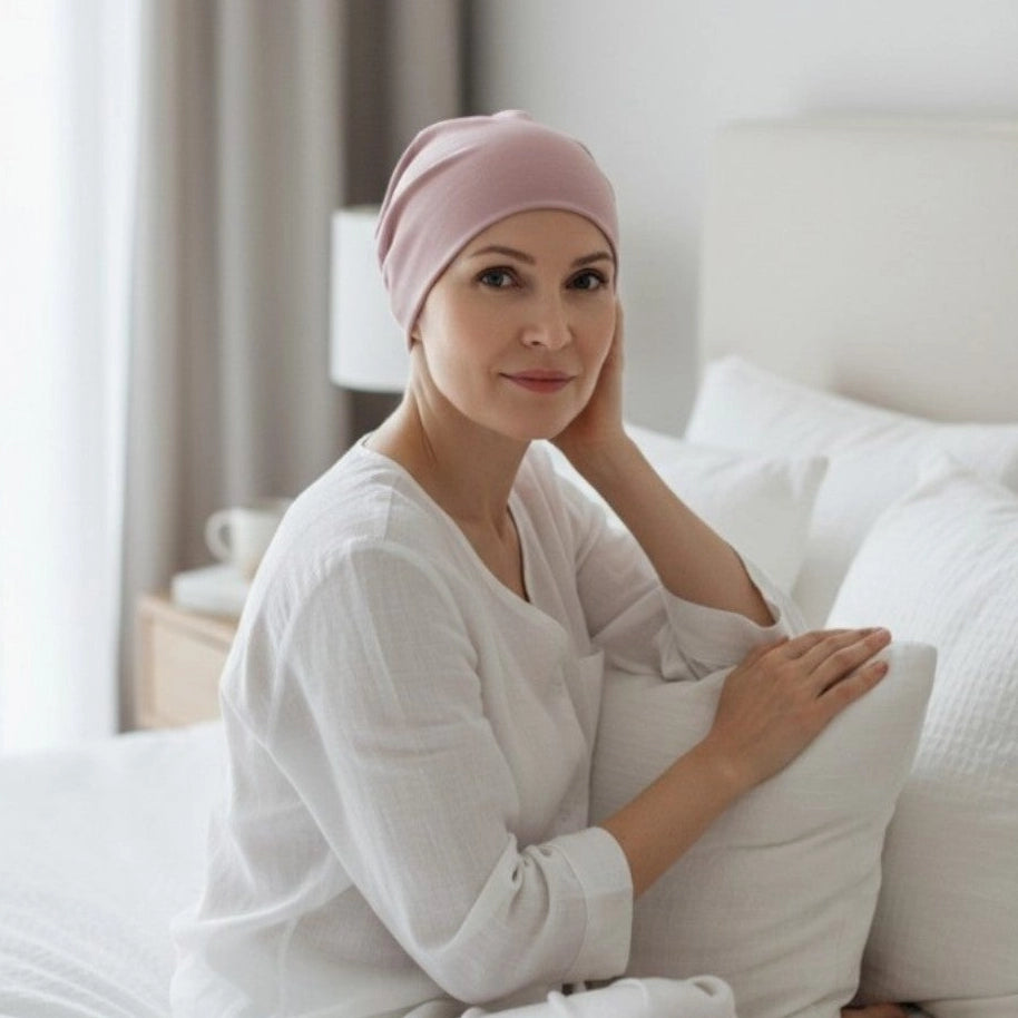 Femme vivant avec une perte de cheveux du au cancer ou à la chimiothérapie avec un bonnet dodo en bambou rose Sibelle assise dans un lit
