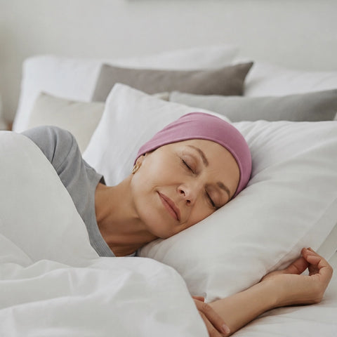 Femme vivant avec une perte de cheveux du au cancer ou à la chimiothérapie avec un bonnet dodo en bambou vieux rose Sibelle dans un lit