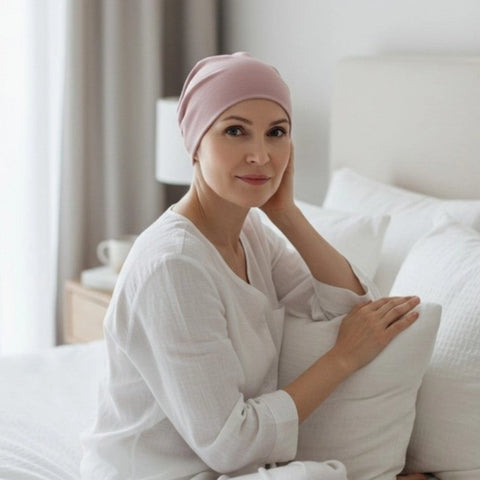 Femme vivant avec une perte de cheveux du au cancer ou à la chimiothérapie avec un bonnet dodo en bambou rose Sibelle assise dans un lit
