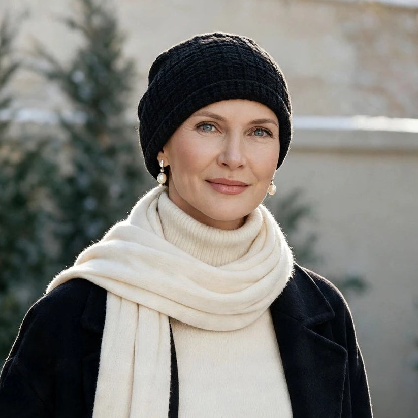 Femme portant le bonnet hivernal en tricot noir Sibelle et un foulard crème en plein air