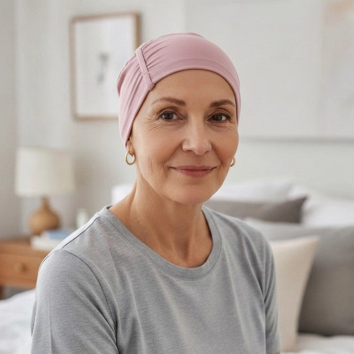 Femme vivant avec une perte de cheveux du au cancer ou à la chimiothérapie avec un bonnet de nuit en bambou rose Sibelle à l'intérieur