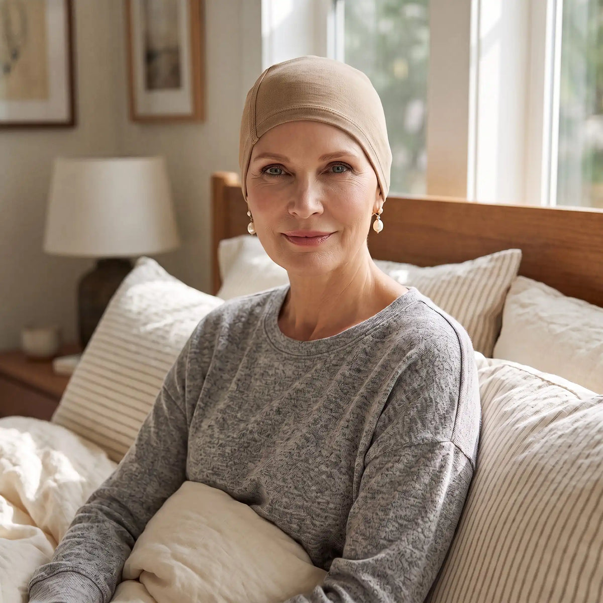 Femme vivant avec une perte de cheveux du au cancer ou à la chimiothérapie avec un bonnet de nuit en bambou sable Sibelle assise dans un lit