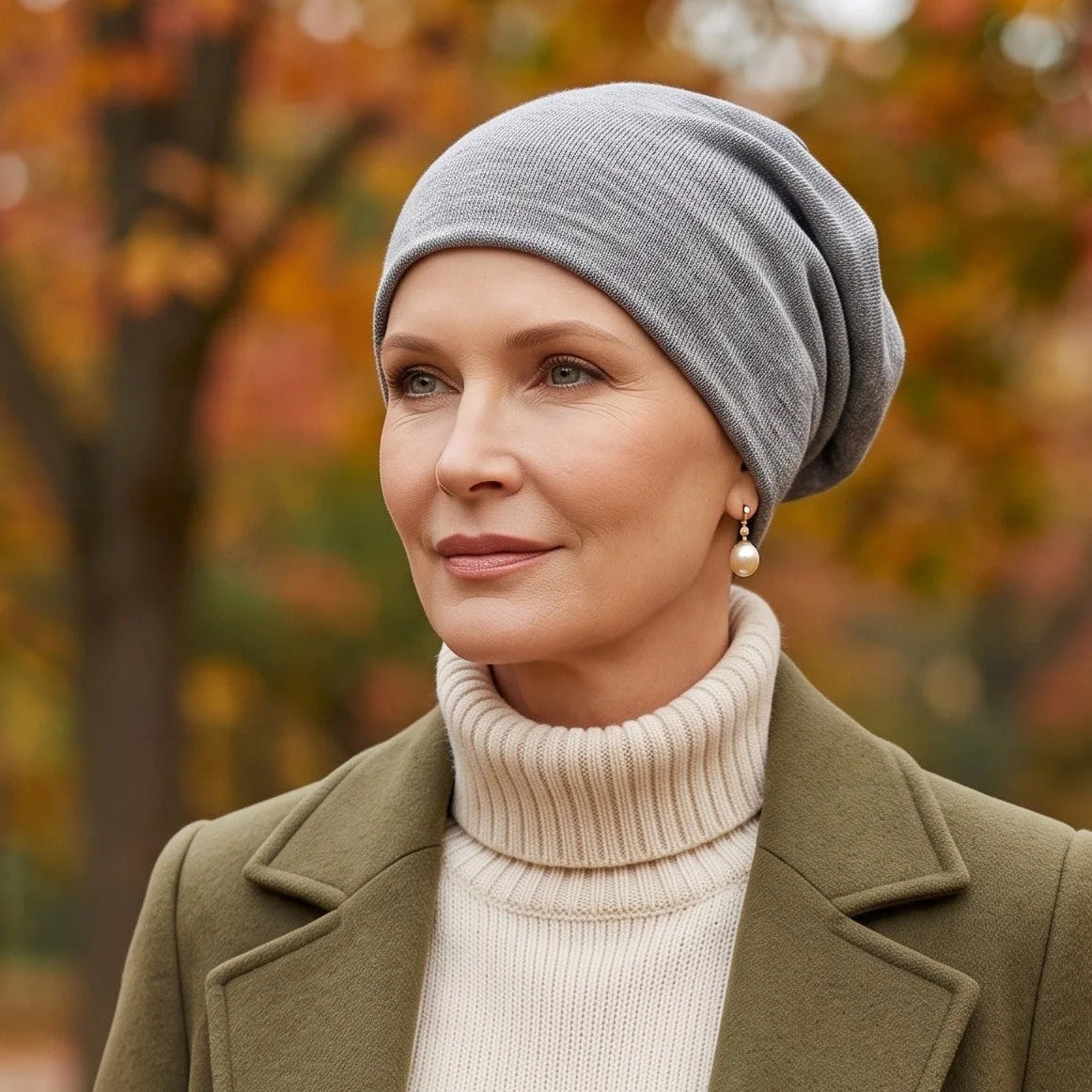 Femme vivant avec une perte de cheveux du au cancer ou à la chimiothérapie avec un bonnet chimio classique en tricot Sibelle dans un par l'automne