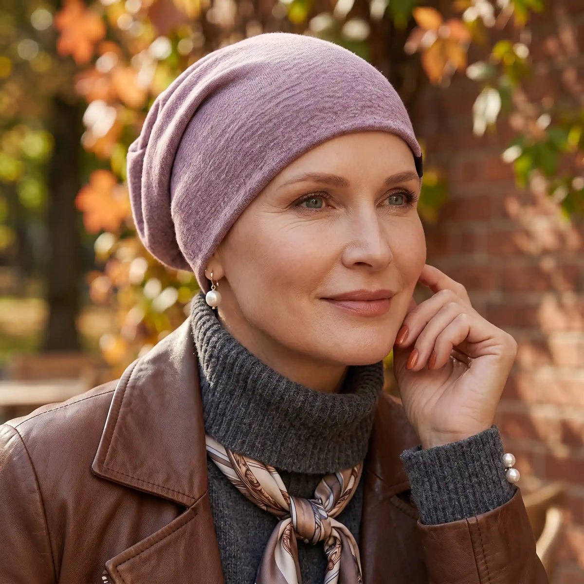 Femme vivant avec une perte de cheveux du au cancer ou à la chimiothérapie avec un bonnet chimio en tricot mauve Sibelle dans un parc l'automne