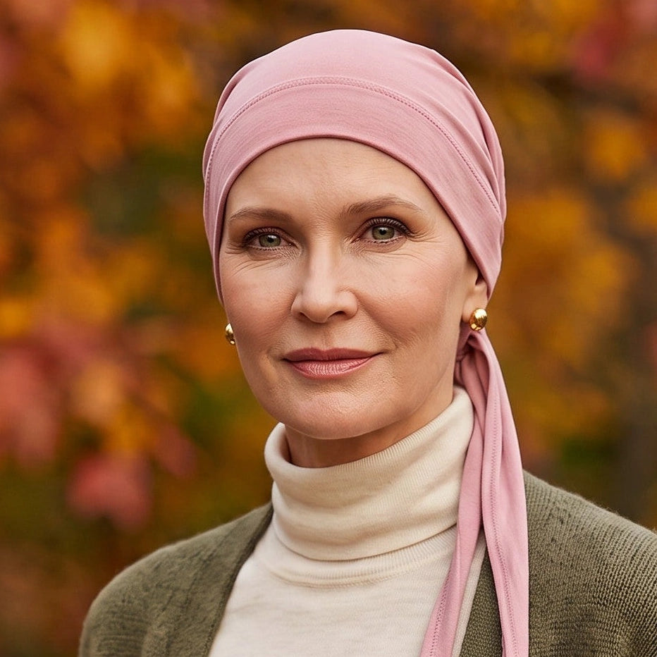Femme vivant avec une perte de cheveux du au cancer ou à la chimiothérapie avec un foulard à corde Sibelle en bambou rose dans un parc l'automne