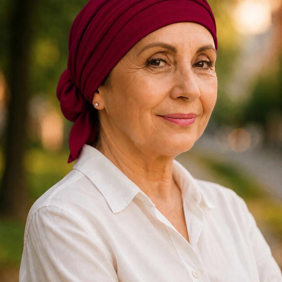 Femme vivant avec une perte de cheveux du au cancer ou à la foulard à corde en bambou rubi Sibelle dans un parc