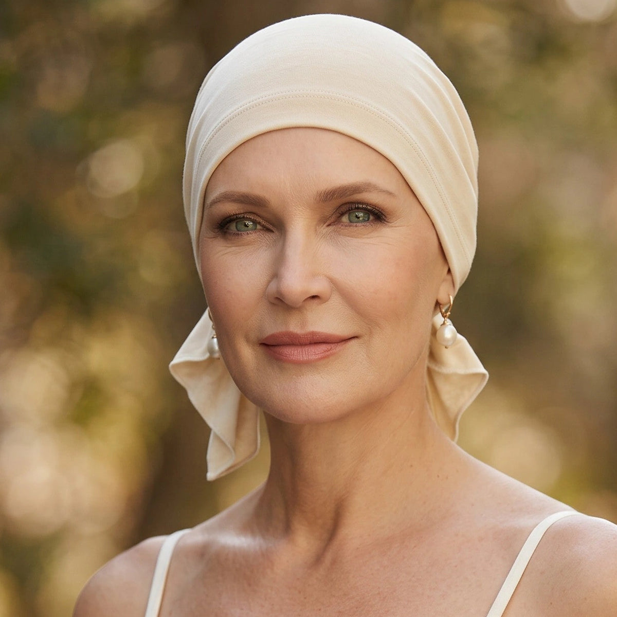 Femme vivant avec une perte de cheveux du au cancer ou à la chimiothérapie avec un foulard prénoué en bambou lin Sibelle à l'extérieur