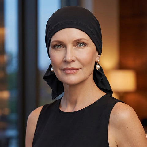 Femme vivant avec une perte de cheveux du au cancer ou à la chimiothérapie avec un foulard prénoué en bambou noir Sibelle au restaurant