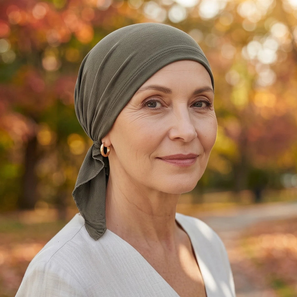 Femme vivant avec une perte de cheveux du au cancer ou à la chimiothérapie avec un foulard prénoué en bambou vert Sibelle dans un parc l'automne
