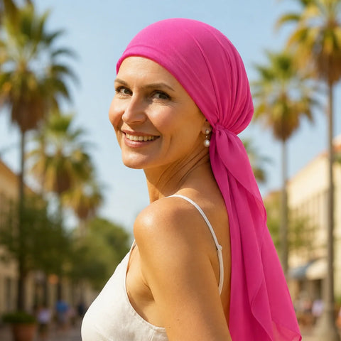 Femme vivant avec une perte de cheveux du au cancer ou à la chimiothérapie avec un foulard prénoué long en chiffon rose en voyage