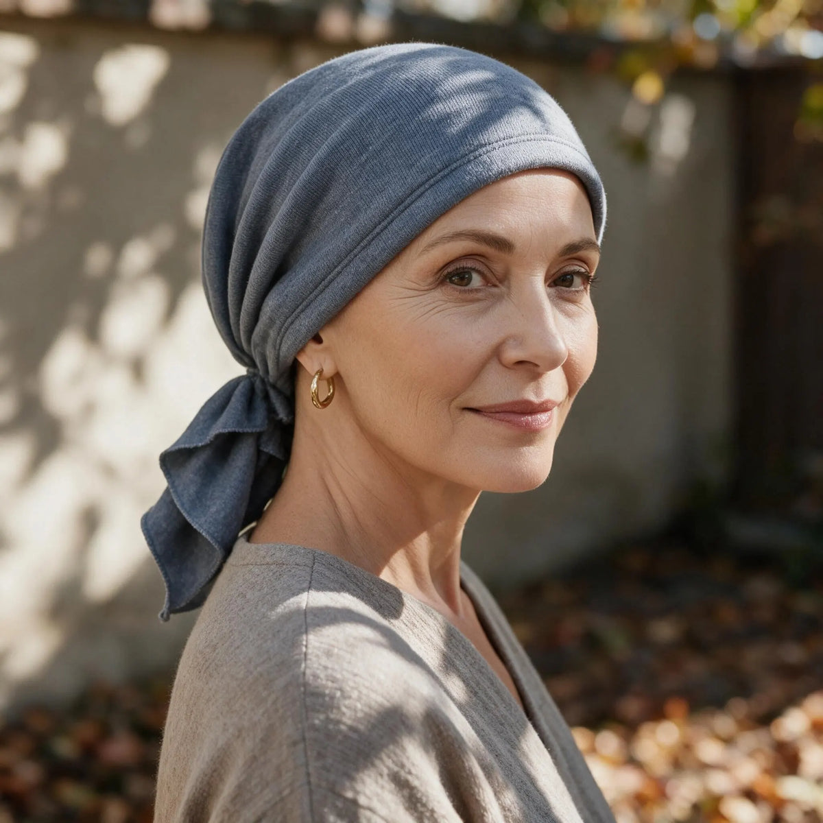 Femme confronté à la perte de ses cheveux du au cancer ou à la chimiothérapie portant un foulard prénoué en tricot bleu Sibelle