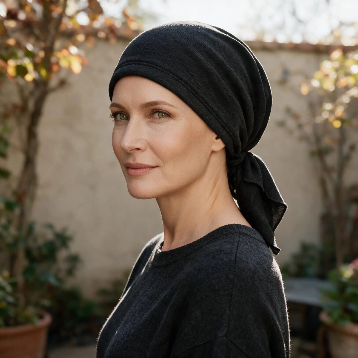 Femme confronté à la perte de ses cheveux du au cancer ou à la chimiothérapie portant un foulard prénoué en tricot noir Sibelle.