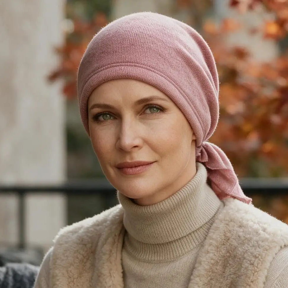 Femme confronté à la perte de ses cheveux du au cancer ou à la chimiothérapie portant un foulard prénoué en tricot rose Sibelle