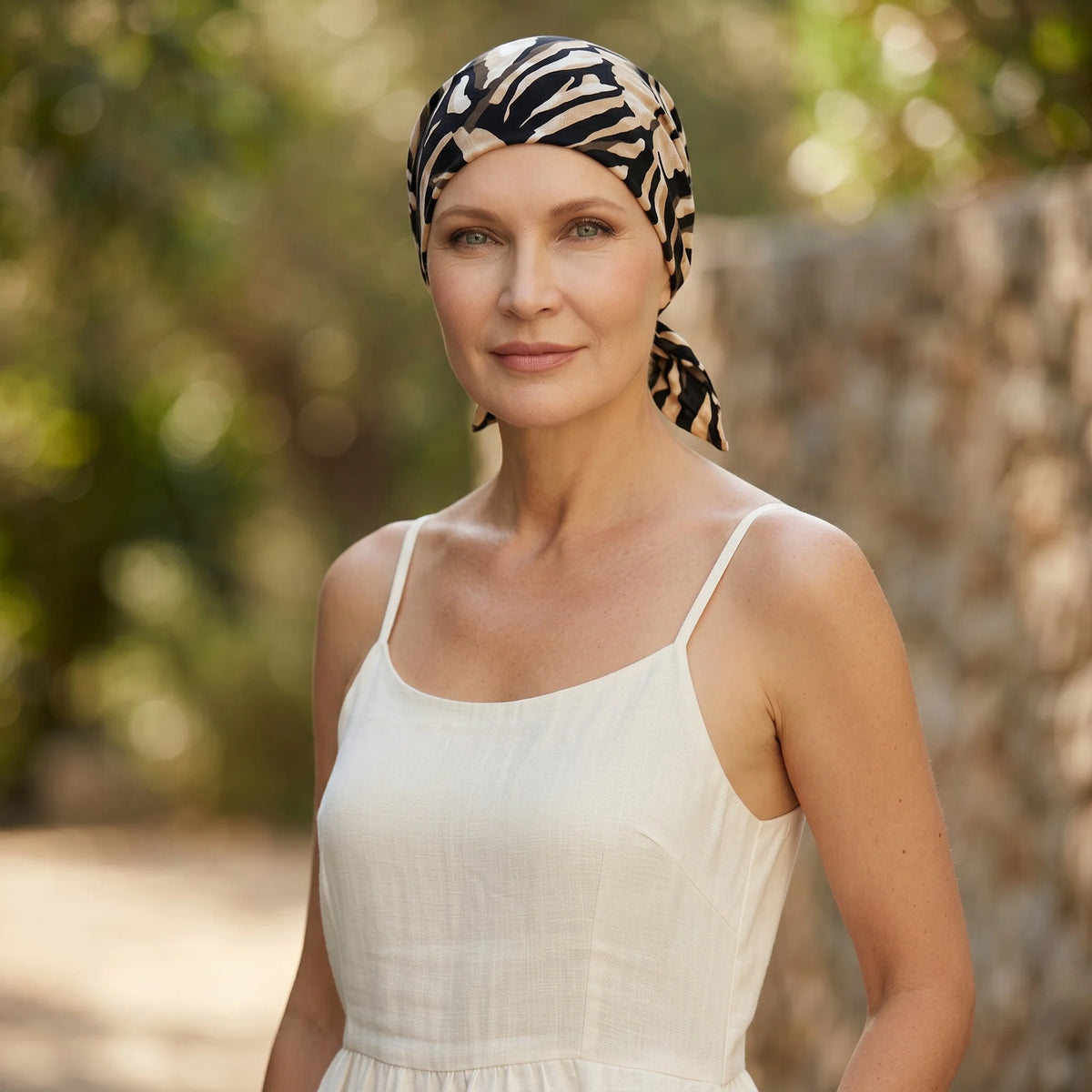 Femme vivant avec une perte de cheveux du au cancer ou à la chimiothérapie avec un foulard rétro brazil noir Sibelle à l'extérieur