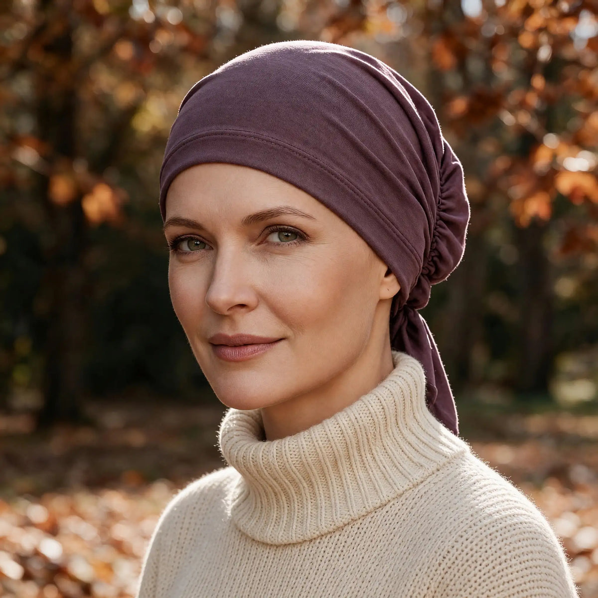 Femme confronté à la perte de ses cheveux du au cancer ou à la chimiothérapie portant un foulard sérénité en bambou prune Sibelle