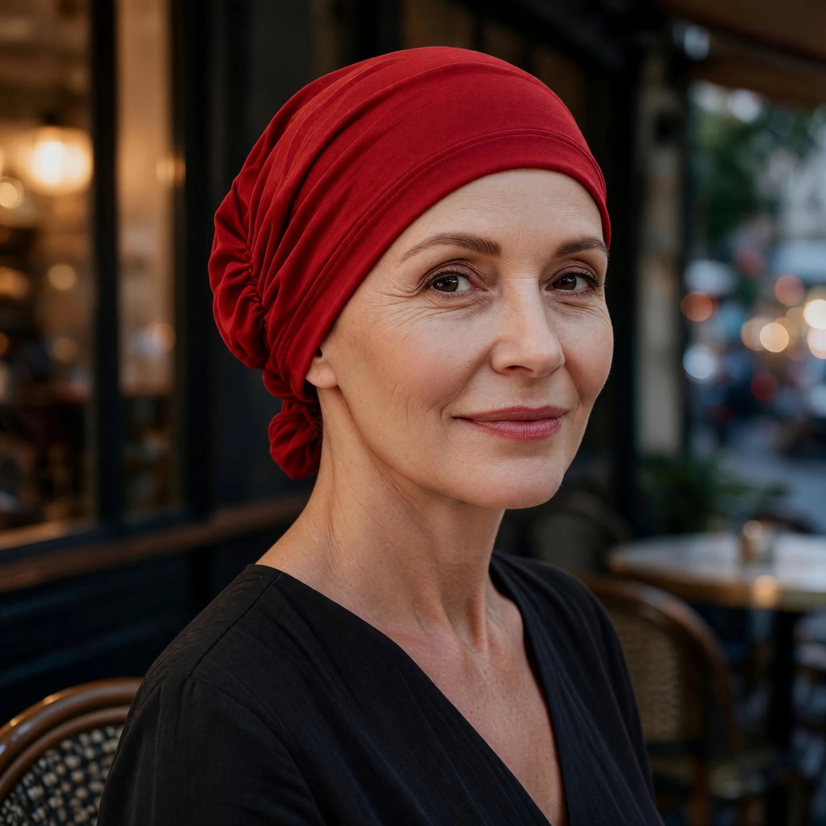 Femme confronté à la perte de ses cheveux du au cancer ou à la chimiothérapie portant un foulard sérénité en bambou rouge