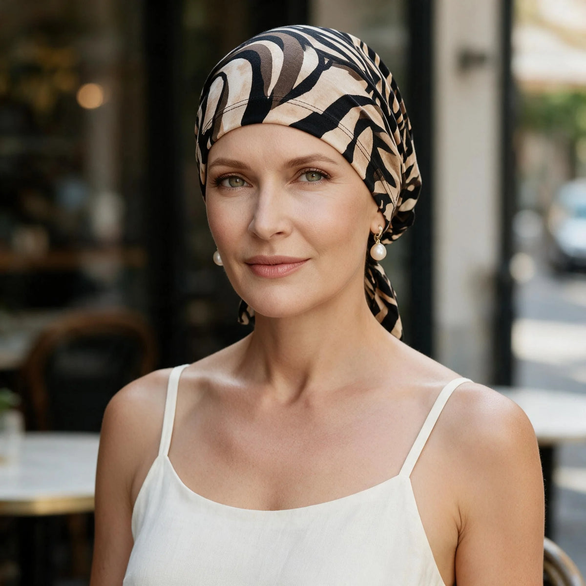 Femme confronté à la perte de ses cheveux du au cancer ou à la chimiothérapie portant un foulard sérénité brazil noir