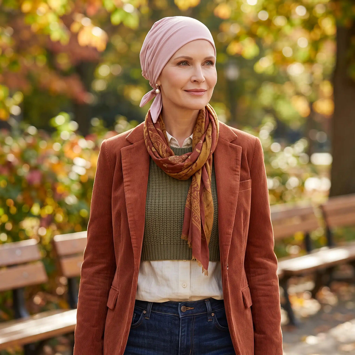 Femme vivant avec une perte de cheveux du au cancer ou à la chimiothérapie avec un foulard rétro en bambou rose Sibelle dans un parc l'automne