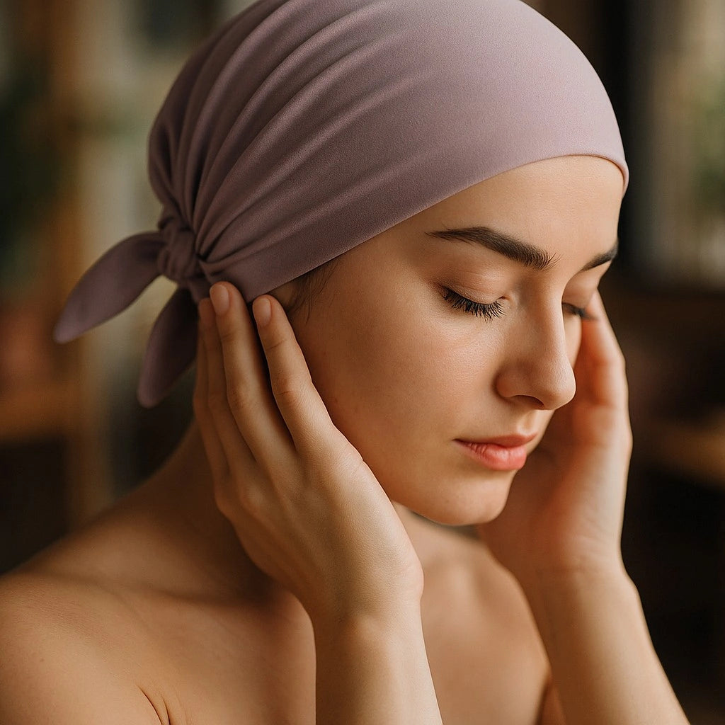 Femme vivant avec une perte de cheveux du au cancer ou à la chimiothérapie avec un foulardd rétro en bambou rose Sibelle à l'intérieur