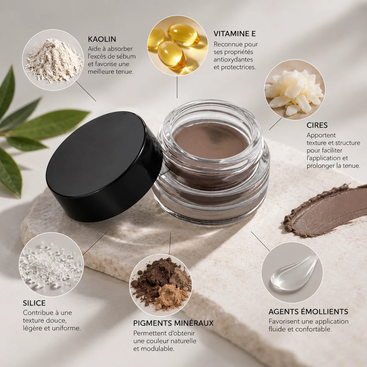 Présentation des ingrédients contenus dans le gel mousse à soucils Sibelle
