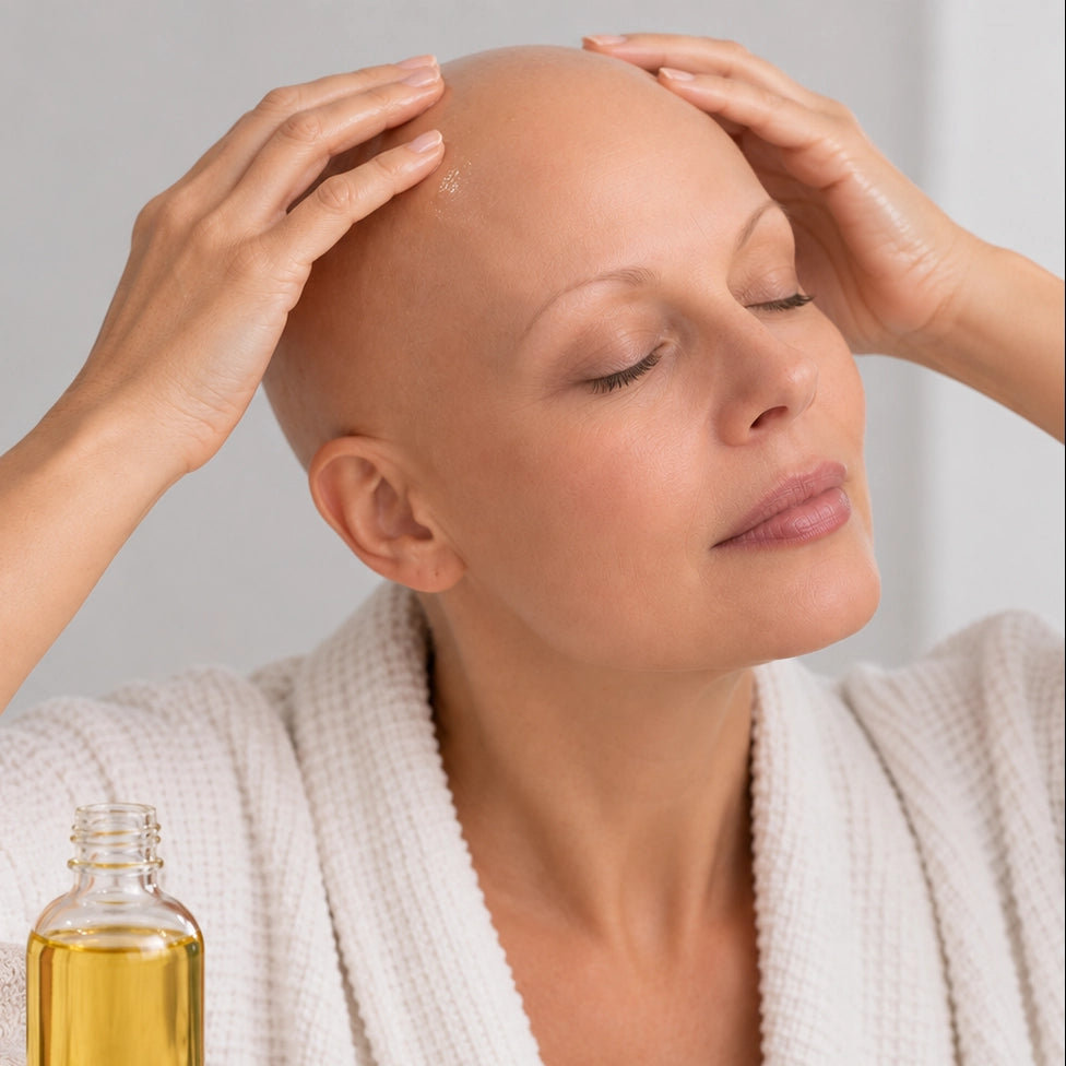Femme vivant avec une perte de cheveux du au cancer ou à la chimiothérapie se massant le crâne avec l'huile de ricin signé Sibelle
