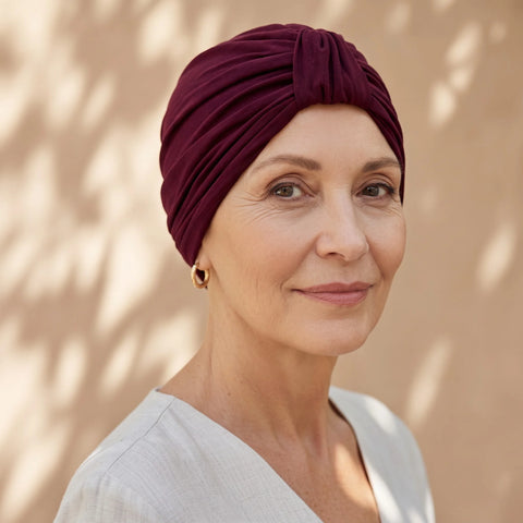 Femme vivant avec une perte de cheveux du au cancer ou à la chimiothérapie avec un turban urbain en bambou rubi Sibelle à l'extérieur