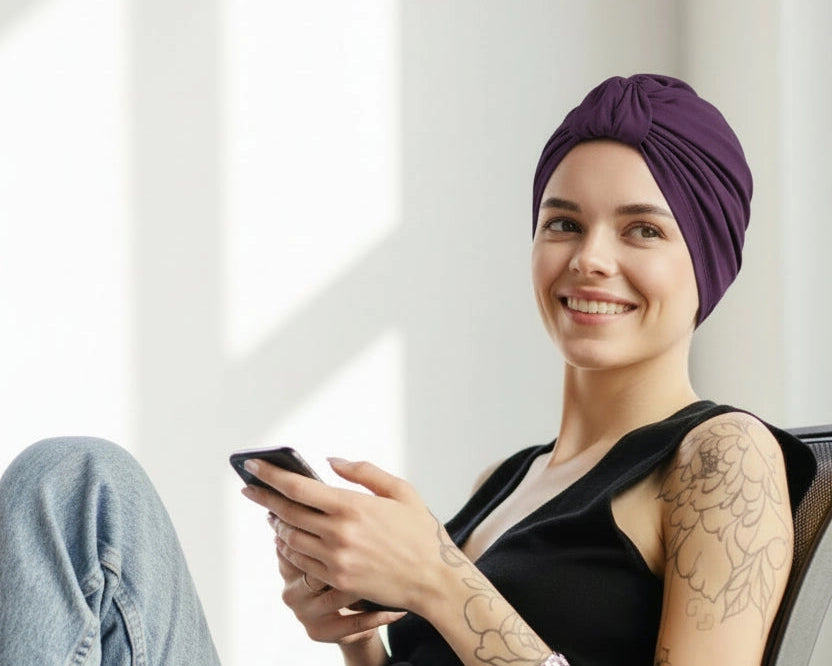 Femme vivant avec une perte de cheveux du au cancer ou à la chimiothérapie avec un turban urbain en bambou violet Sibelle au travail
