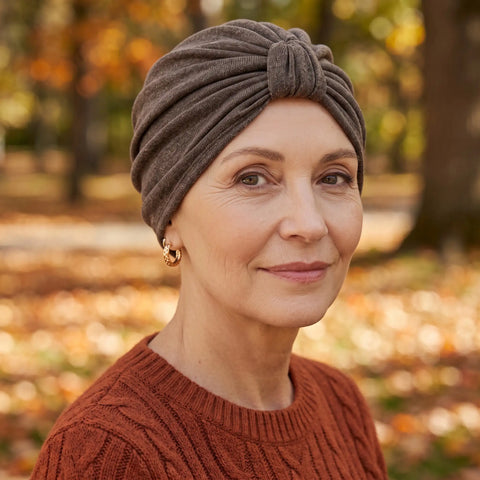 Femme vivant avec une perte de cheveux du au cancer ou à la chimiothérapie avec un turban e tricot brun Sibelle dans un parc l'automne