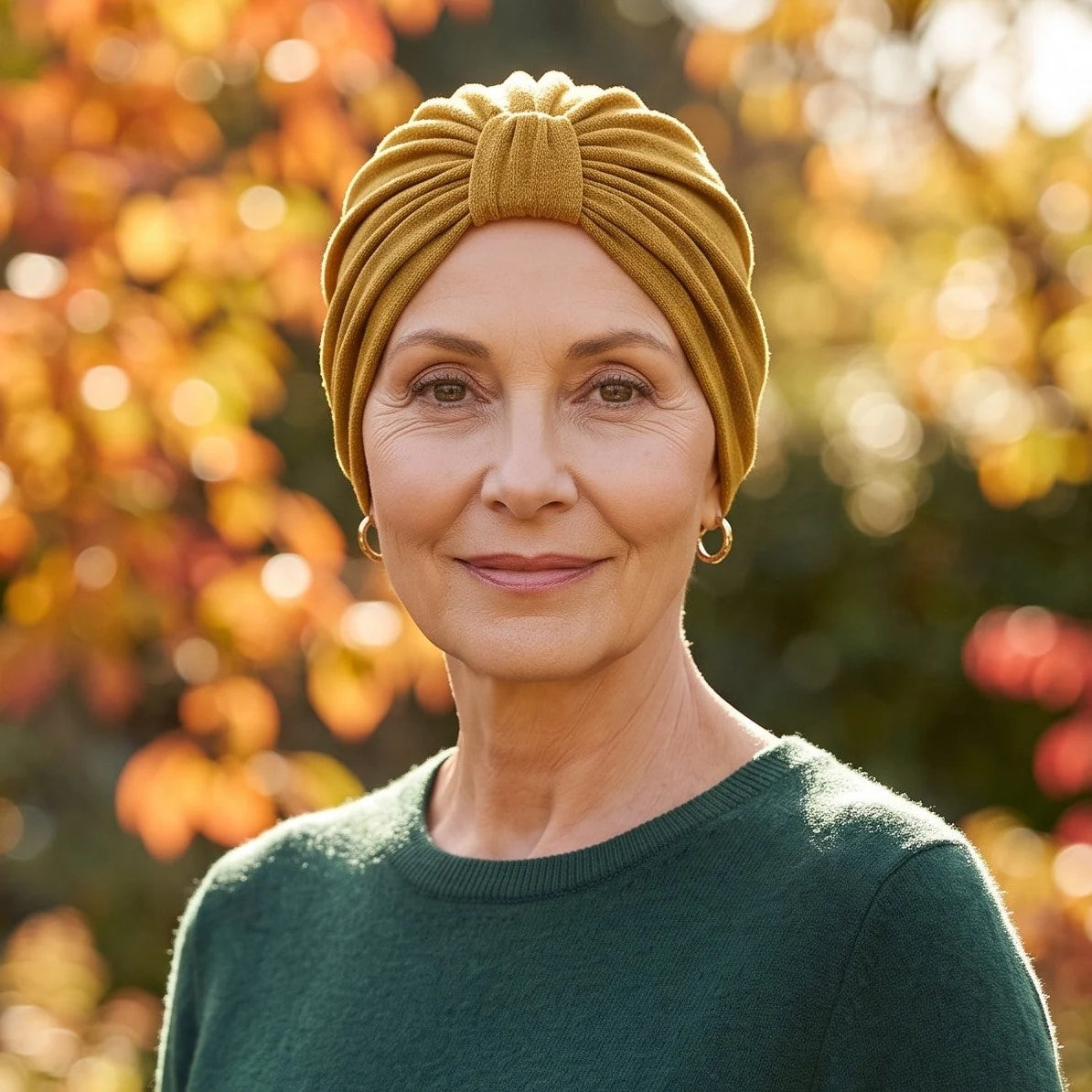 Femme vivant avec une perte de cheveux du au cancer ou à la chimiothérapie avec un turban urbain entricot camel Sibelle dans un parc l'automne