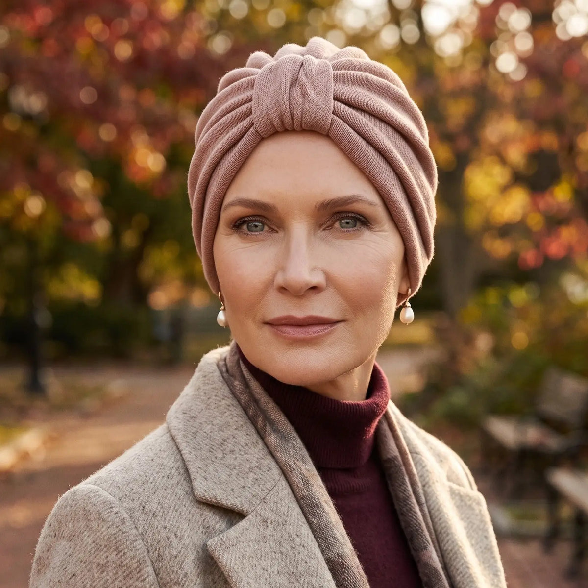 Femme vivant avec une perte de cheveux du au cancer ou à la chimiothérapie avec un turban urbain en tricot  rose Sibelle dans un parc l'automne