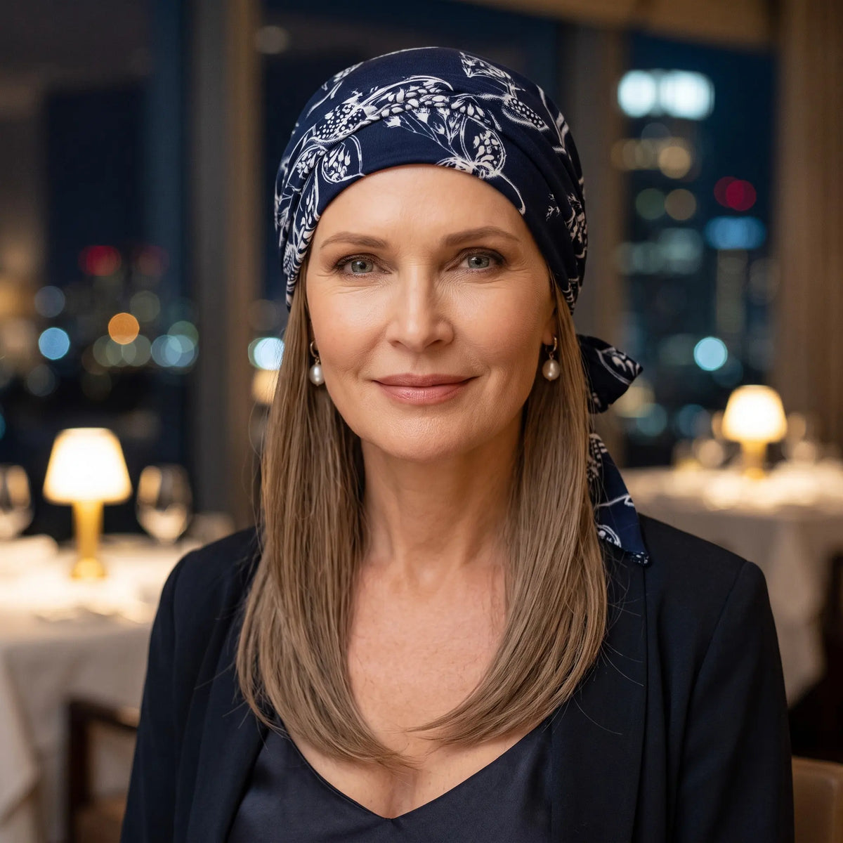 Femme vivant avec une perte de cheveux du au cancer ou à la chimiothérapie avec un foulard à corde brazil bleu et un bandeau de cheveux Sibelle dans un restaurant