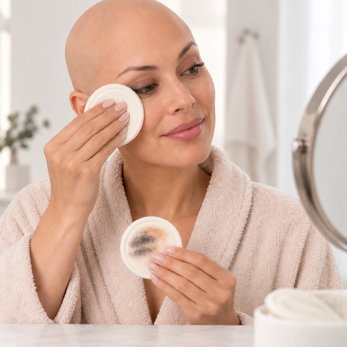 Femme vivant avec une perte de cheveux du au cancer ou à la chimiothérapie en train de se démaquiller avec des tampons démaquillants réutilisables 