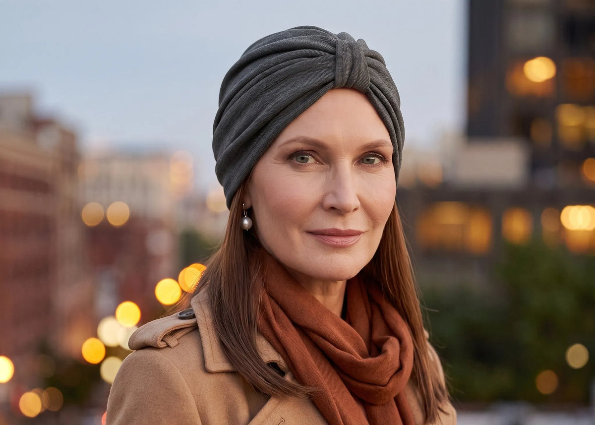 Femme vivant avec une perte de cheveux du au cancer ou à la chimiothérapie avec un turban urbain en tricot vert et un bandeau de cheveux Sibelle à l'extérieur